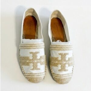 Tory Burch Double T Canvas Espadrilles White Coastal Tan Size 10